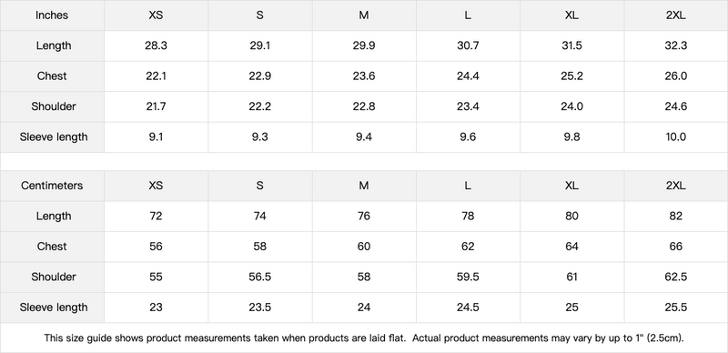 Size chart for UNISEX 