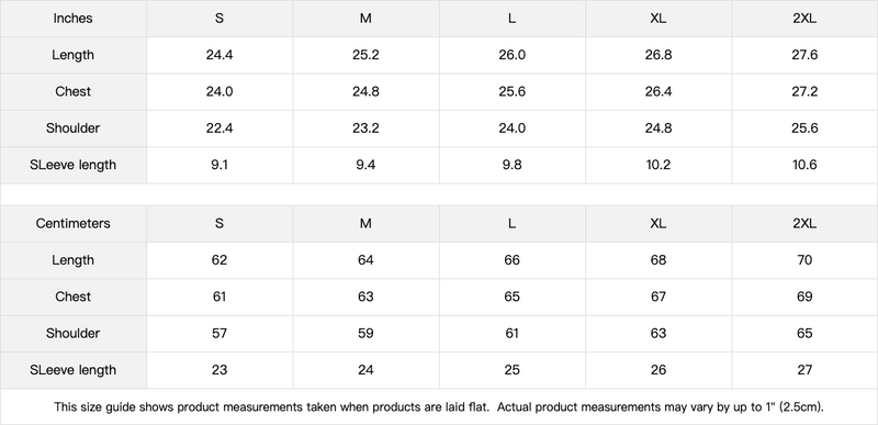 Size chart for UNISEX 