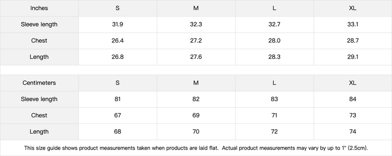 Size chart for UNISEX 